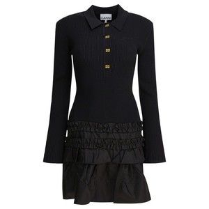 Ganni Black Flared Dress With Ribbed Details - NWT